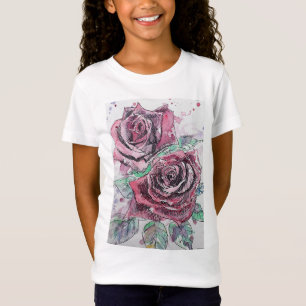 Röd ros, vattenfärg och bläck art Girls T Shirt