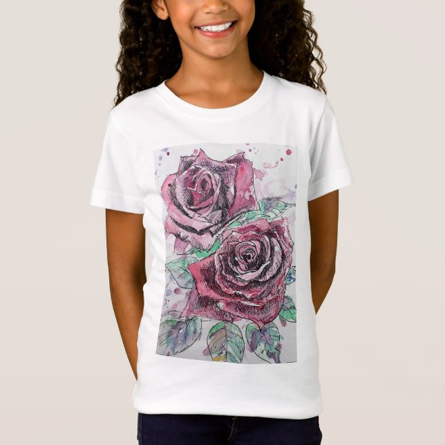 Röd ros, vattenfärg och bläck art Girls T Shirt (Framsida)