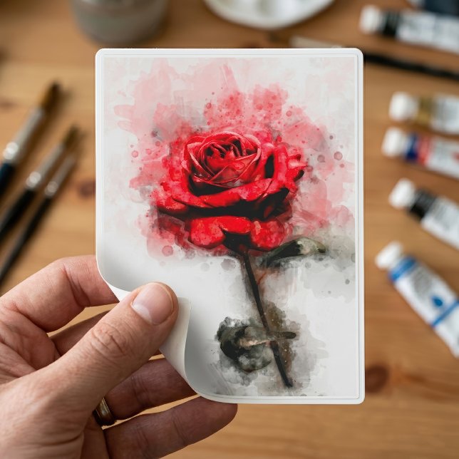 Röd ros - vattenfärg - wb klistermärken (Red Rose Watercolor Art on White Background. Sticker)