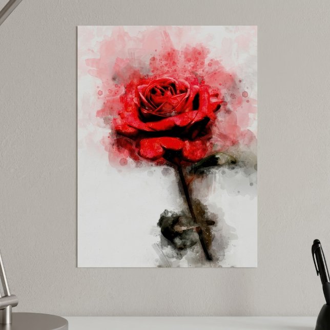 Röd ros - vattenfärg - wb poster (Red Rose Watercolor Art on White Background. Poster)