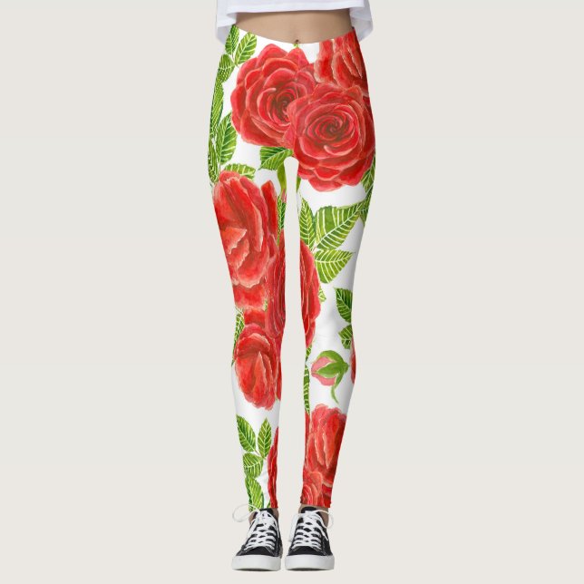 Röd ros vattenfärgen mönster, sömlös leggings (Framsida)