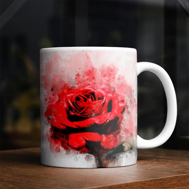 Röd Ros Vattenfärgskonst på Vit Bakgrund Kaffemugg (Red Rose Watercolor Art on White Background. Coffee Mug)