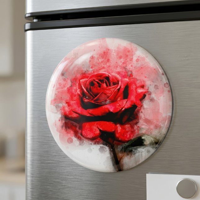 Röd Ros Vattenfärgskonst på Vit Bakgrund Magnet (Red Rose Watercolor Art on White Background. Magnet)
