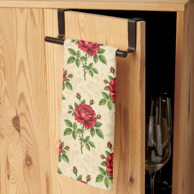 Röd ros vintage mönster kökshandduk (Thirds Fold)