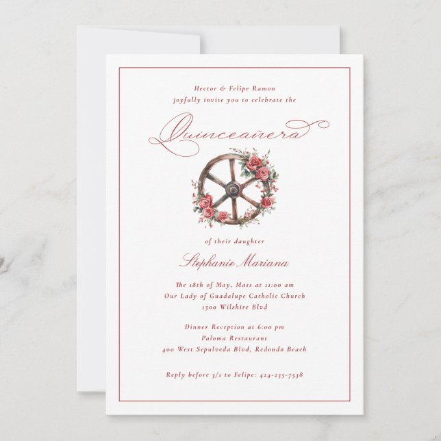 Röd ros wagon Wheel Elegant Charro Quinceañera Inbjudningar (Framsida)
