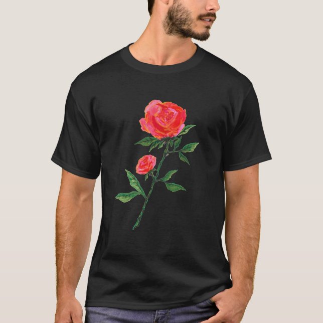 Röd ros Watercolor Black T Shirt (Framsida)
