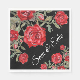 Röd ros Watercolor Blommigt Bröllop Elegant Namn Pappersservett