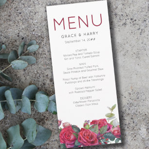 Röd ros Watercolor Bröllop Menu Meny
