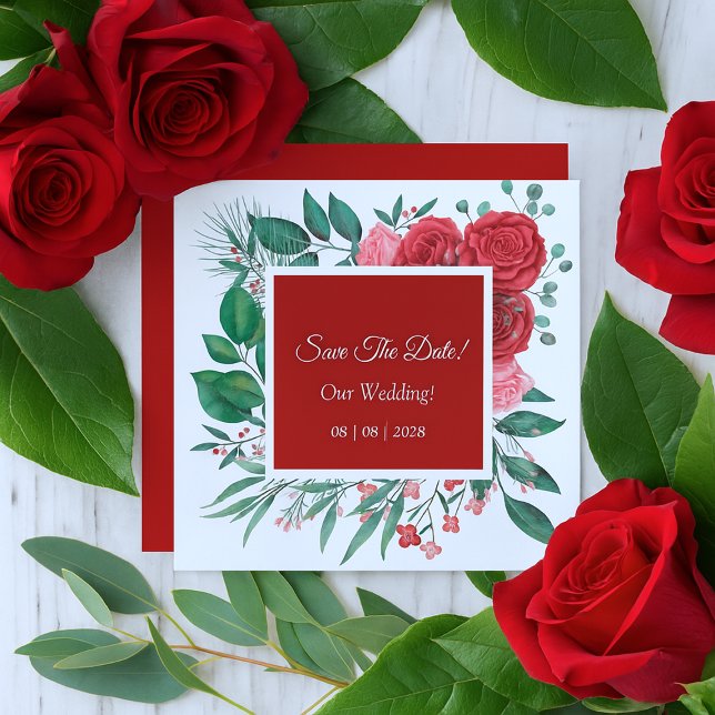 Röd ros Watercolor Bröllop Spara Datumet (Red Rose Watercolor Wedding Save The Date)
