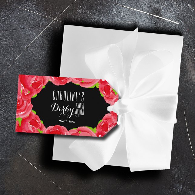 Röd ros Watercolor Derby Möhippa Presentetikett (Red roses on black Derby-style bridal shower gift tags)