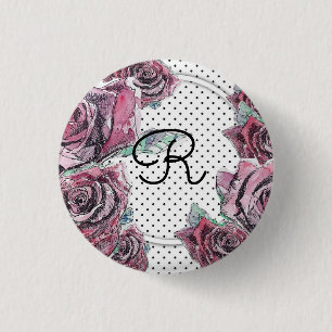 Röd ros Watercolor dot Womans Initial Badge Knapp