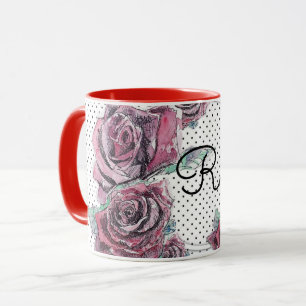 Röd ros Watercolor dot Womans Initial Mugg