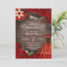 Röd ros Western Charra Mariachi Quinceañera Dress Inbjudningar