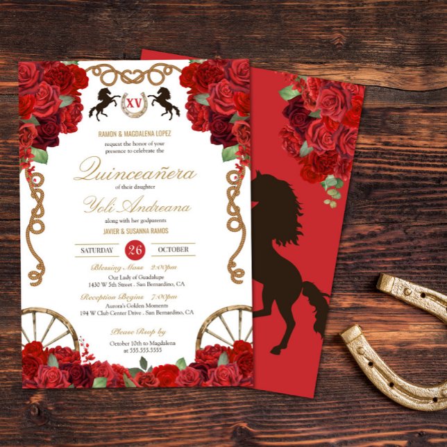Röd ros Western Charra Quinceañera Inbjudningar (Skapare uppladdad)