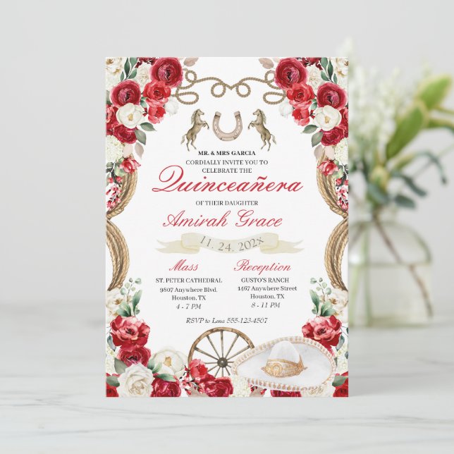 Röd ros Western Charro Cowgirl Quinceañera Inbjudningar (Stående Fram)