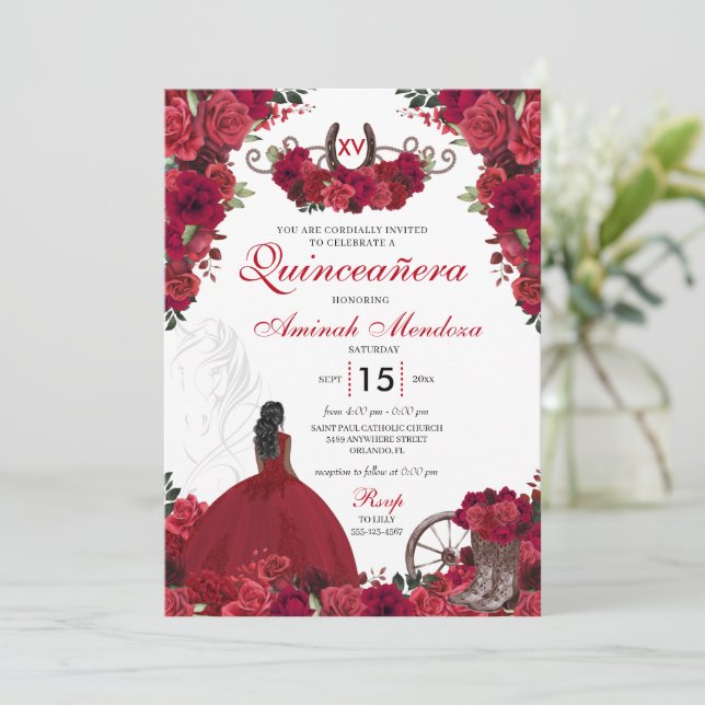 Röd ros Western princess Charra Quinceanera Inbjudningar (Stående Fram)