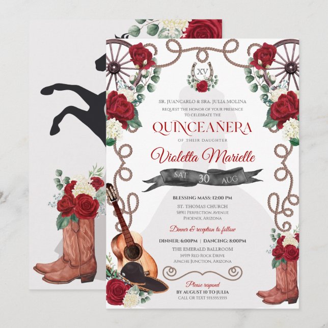 Röd ros Western Quinceañera Elegant Charra Inbjudningar (Fram/baksida)
