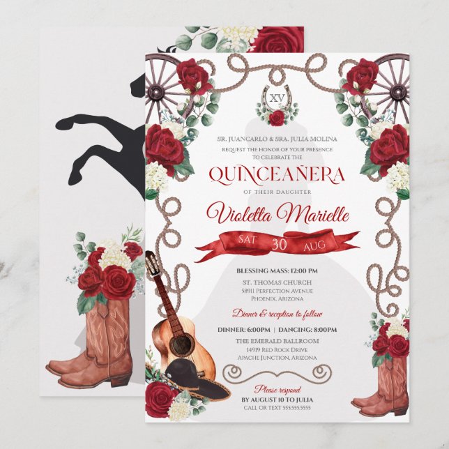 Röd ros Western Quinceañera Elegant Charro Inbjudningar (Fram/baksida)