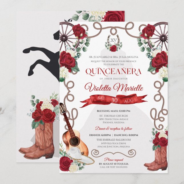 Röd ros Western Quinceanera Elegant Charro Inbjudningar (Fram/baksida)