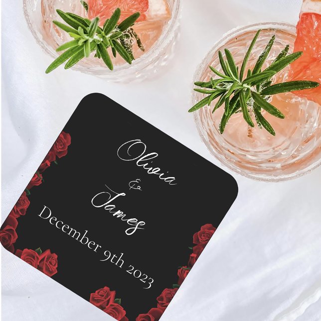 Röd ros White Black Underlägg Papper Kvadrat (Skapare uppladdad)