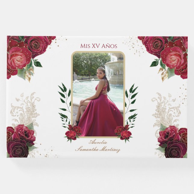 Röd ros, White, Quinceañera Libro de Firmas Gästböcker (Framsida)