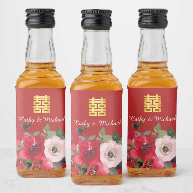 Röd rosa akvarell blommodern dubbel lycka spritflaskor etikett (Flaskor)
