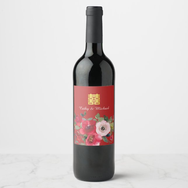 Röd rosa akvarell blommodern dubbel lycka vinflaska etikett (Framsida)