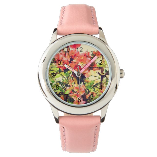 Röd Rosa Akvarell Blommönster 1 Armbandsur (Framsida)
