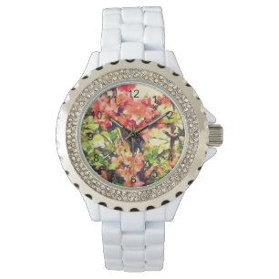Röd Rosa Akvarell Blommönster 1 Armbandsur