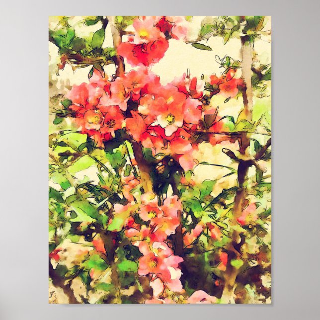 Röd Rosa Akvarell Blommönster 1 Poster (Framsidan)