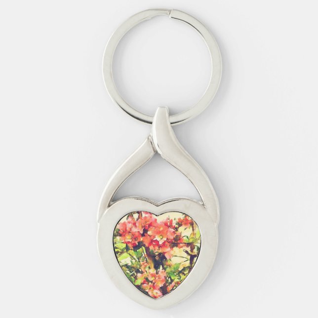 Röd Rosa Akvarell Blommönster 1 Twisted Heart Silverfärgad Nyckelring (Framsidan)