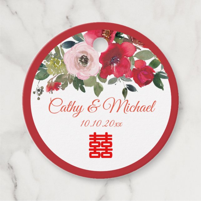 Röd rosa akvarell blomster modern kinesisk bröllop gåvor etiketter (Framsida)