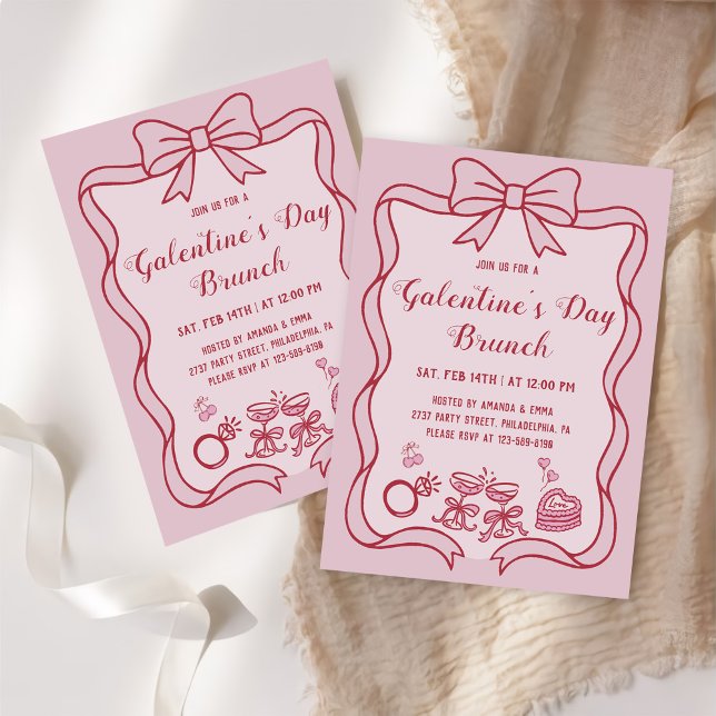 Röd Rosa Båge Galentine's Dag Brunchfest Inbjudningar (Skapare uppladdad)