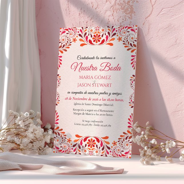 Röd Rosa Blommig Botanisk Romantisk Spansk Bröllop Inbjudningar (Red Pink Floral Botanical Romantic Spanish Wedding Invitation)