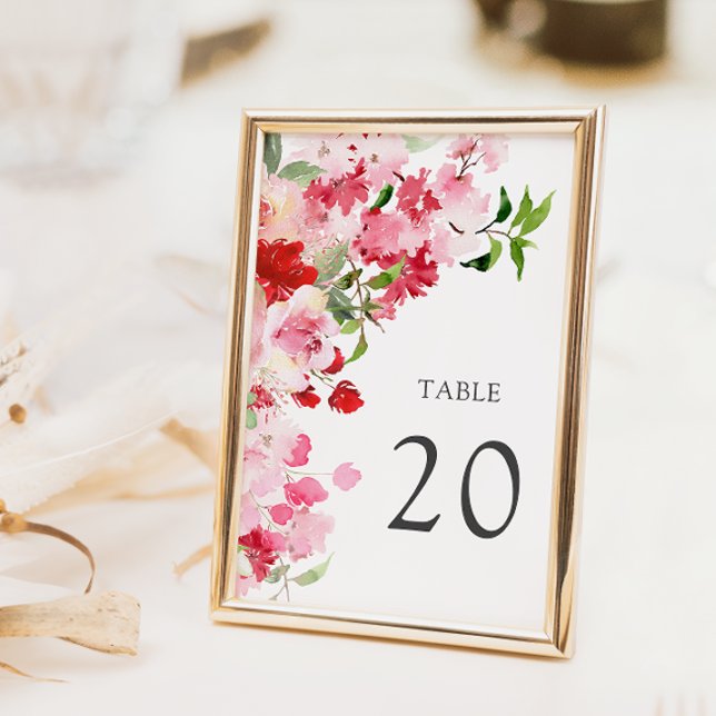 Röd Rosa Blommig Bröllops Bordnummer (Watercolor Red Pink Floral Wedding Table Number
)