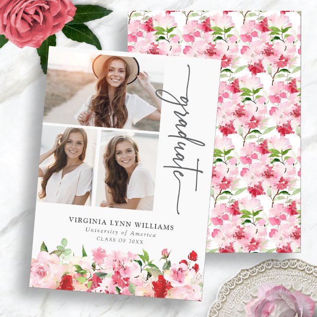 Röd Rosa Blommig Examen Meddelande (Red Pink Floral Graduation Announcement with Photo Collage by Painted Paperie
)