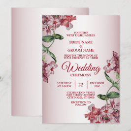 Röd Rosa Blommig Gröna Blad Modern Bröllopsfest Inbjudningar