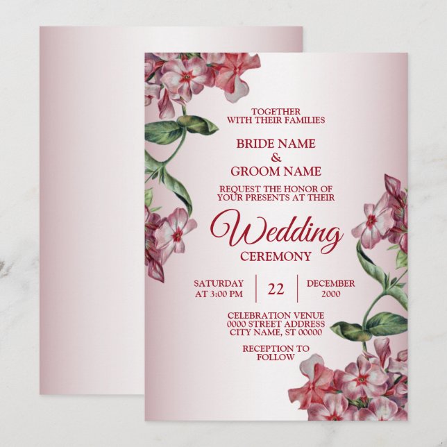 Röd Rosa Blommig Gröna Blad Modern Bröllopsfest Inbjudningar (Fram/baksida)