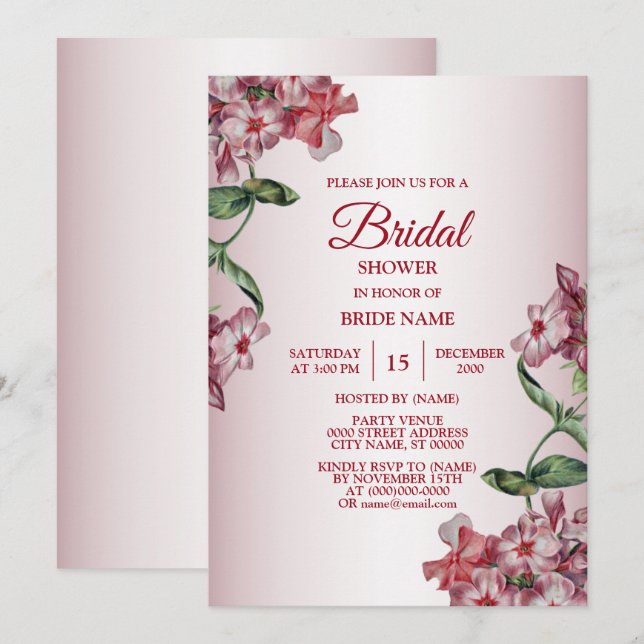 Röd Rosa Blommig Gröna Blad Modern Bröllopsfest Inbjudningar (Fram/baksida)