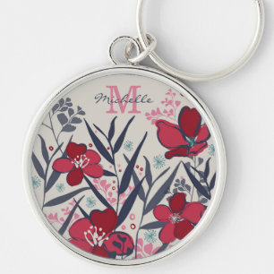 Röd & Rosa Blommig Monogramnamn Rund Silverfärgad Nyckelring