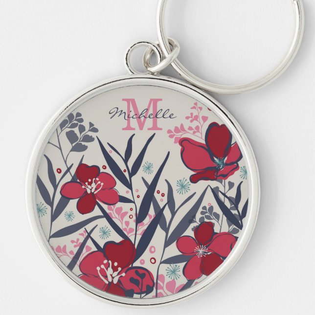 Röd & Rosa Blommig Monogramnamn Rund Silverfärgad Nyckelring (Framsidan)