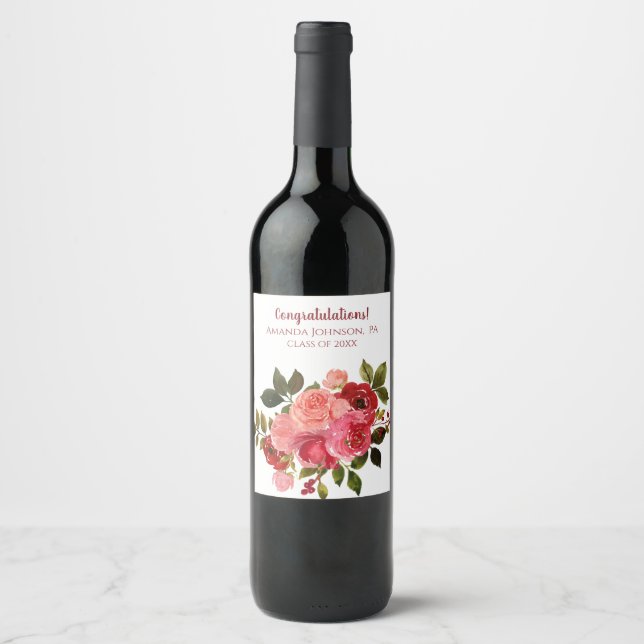 Röd Rosa Blommig Ros Examen Vinflaska Etikett (Framsida)