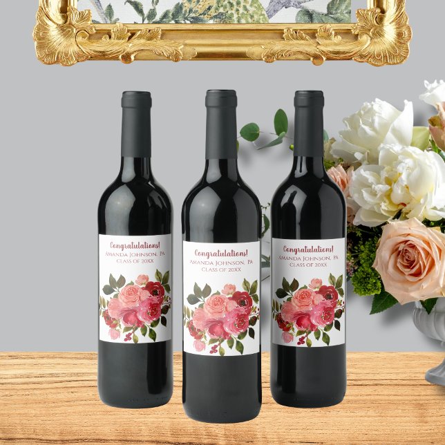Röd Rosa Blommig Ros Examen Vinflaska Etikett (Skapare uppladdad)