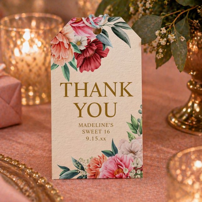 Röd Rosa Blommig Sweet 16 Presentetikett (Pink and red floral "Thank you" gift tag for a Sweet 16)