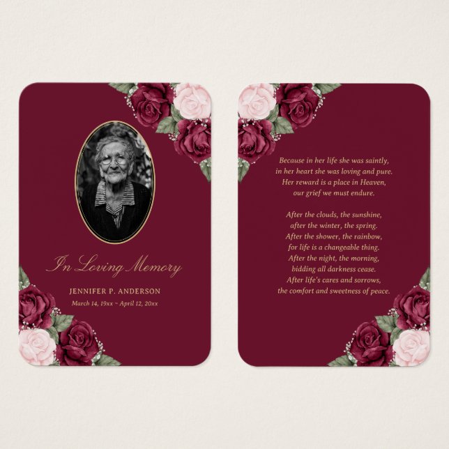 Röd  Rosa Blommigt Funeral Prayer Card Visitkort (Framsida & baksida)