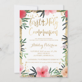 Röd Rosa blommigt guld gräns, första Heligan, komm Inbjudningar