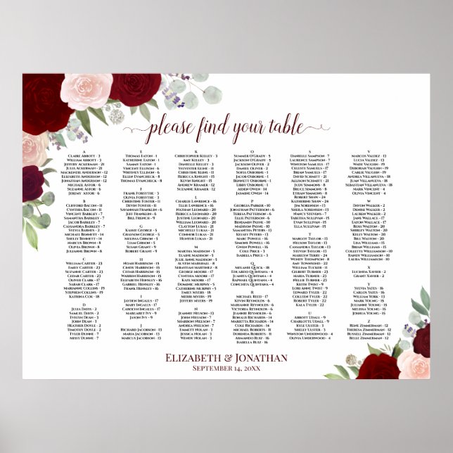 Röd & Rosa Boho Roser Alfabetisk Placeringsplan Poster (Framsidan)