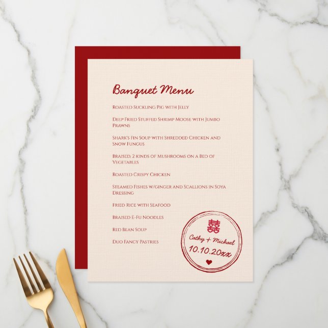 Röd rosa chinese bröllop dubbla lycka frimärke meny (Fram/Back In Situ)