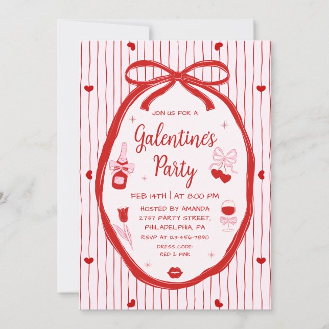 Röd Rosa Coquette Handritad Galentine-fest  Inbjudningar (Framsida)