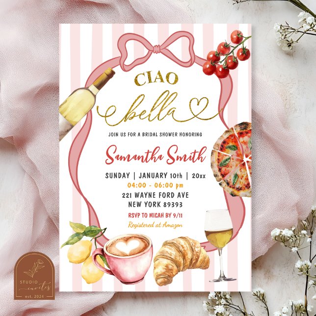 Röd Rosa Coquette Ränder Italien Ciao Bella Bröllo Inbjudningar (Skapare uppladdad)